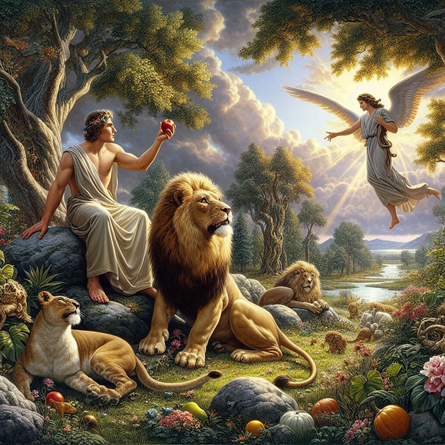 Human surrounded by animals in Paradise, symbolizing original harmony in God’s creation.